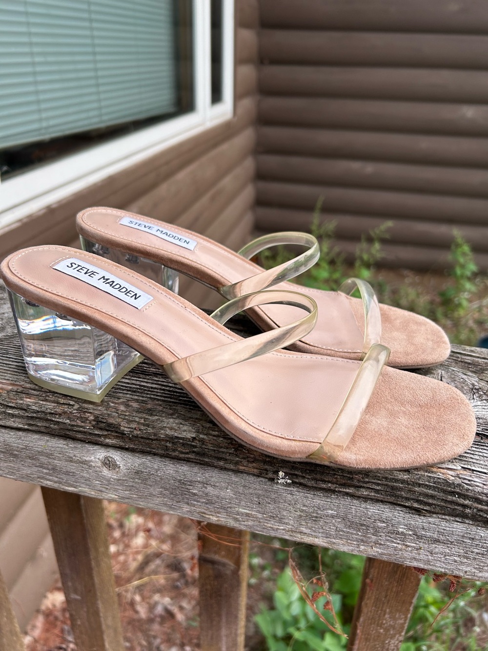 Steve Madden Clear Lucite Block Heel Strappy Sandals Nude 8.5 Y2K event neutral - Picture 13 of 14